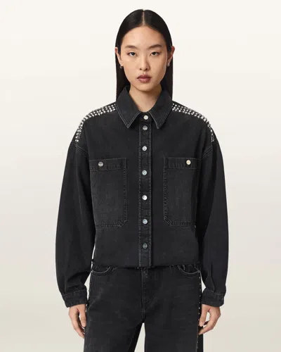 Allsaints Nicky Studded Boxy Denim Jacket In Black