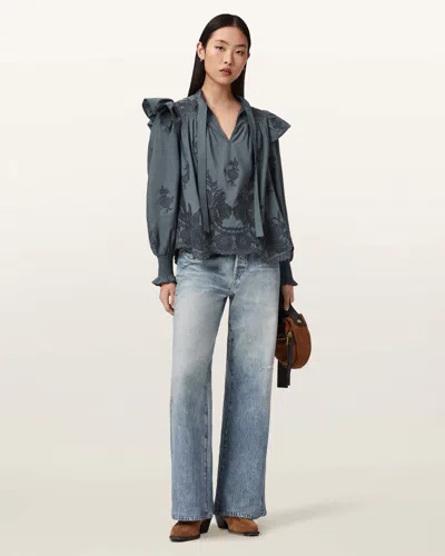 Allsaints Nisa Embroidered Cotton Top In Blue