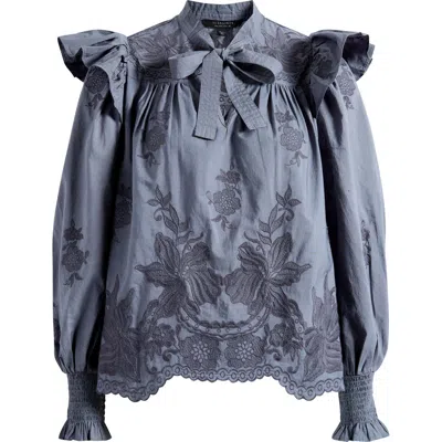 Allsaints Nisa Floral Embroidered Ruffle Top In Blue