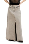 Allsaints Noir Crossover Waist Denim Maxi Skirt In Sand Grey