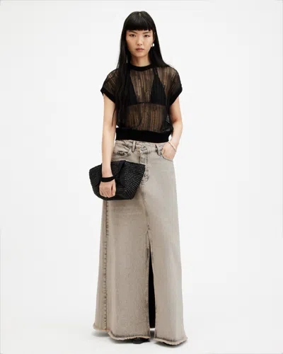 Allsaints Noir Crossover Waist Denim Maxi Skirt In Sand Grey