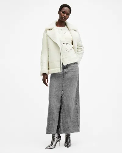 Allsaints Noir Crossover Waist Denim Maxi Skirt In Vintage Black