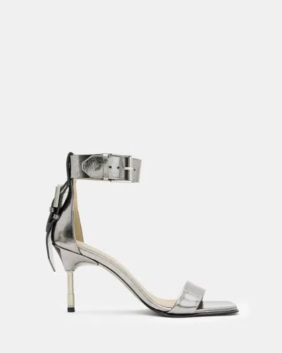 Allsaints Noir Square Toe Heeled Sandal In Gunmetal Grey