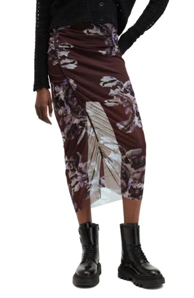 Allsaints Nora Floral Print Mesh Skirt In Monica Oxblood Red