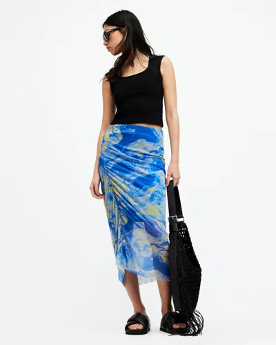 Allsaints Nora Inspiral Mesh Midi Skirt In Electric Blue