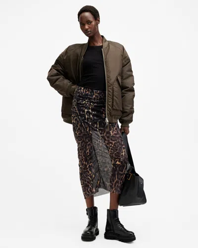 Allsaints Nora Leopard Print Mesh Midi Skirt In Jinx Golden Brown