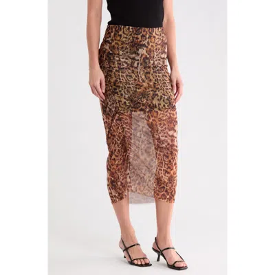 Allsaints Nora Ruched Mesh Midi Skirt In Animal Print
