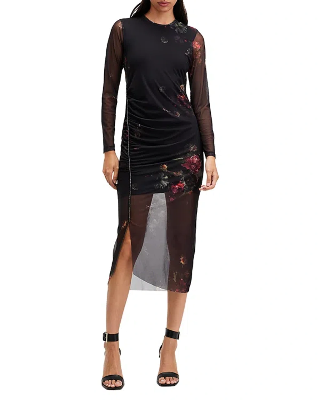 Allsaints Nora Ruched Sparkle Midi Dress In Mortem Black | ModeSens