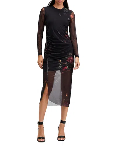 Allsaints Nora Ruched Sparkle Midi Dress In Mortem Black