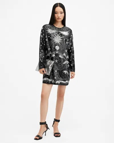 Allsaints Noushka Embellished Mini Dress In Black/silver