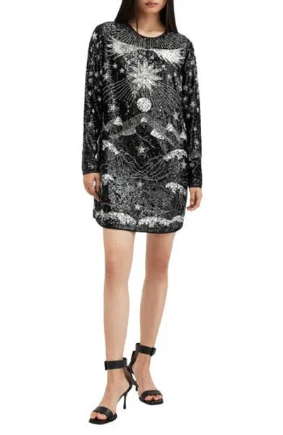 Allsaints Noushka Mixed Sequin Print Long Sleeve Dress In Black