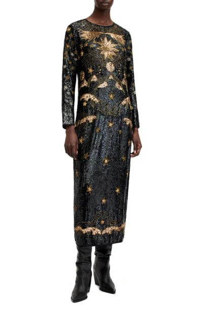 Allsaints Noushka Embellished Maxi Dress In Black/gold