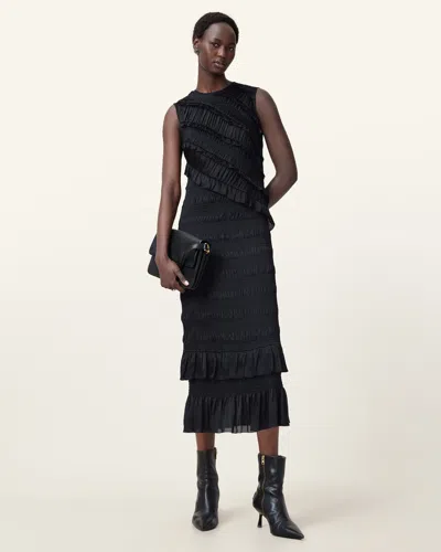 Allsaints Nyla Sleeveless Shirred Midi Dress In Black