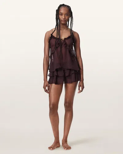 Allsaints Nyx Silk Smocked Shorts In Burgundy