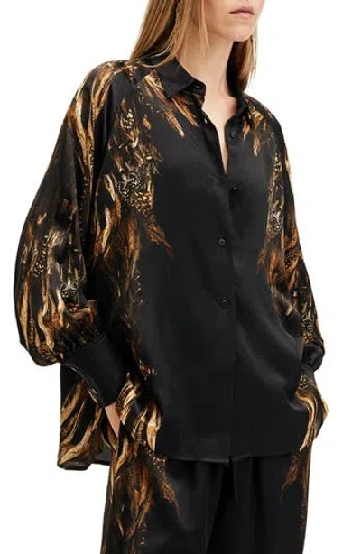 Allsaints Oana Printed Satin Button-up Shirt In Charm Black