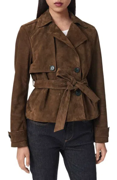 Allsaints Okena Cropped Suede Jacket In Hot Choc Brown