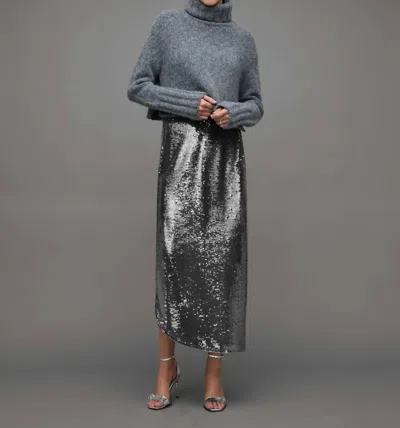 Allsaints Opal Sparkle Midi City Sequin Skirt In Smoke Grey In Gray