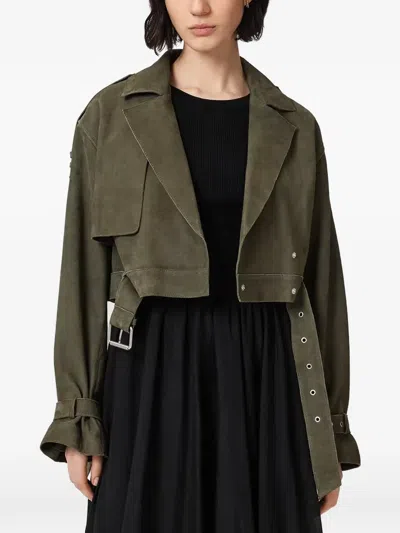Allsaints Womens Caledone Green Ophelia Dropped-shoulder Belted-waist Suede Jacket Xs