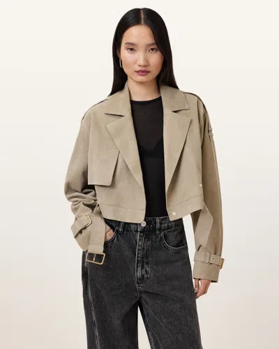 Allsaints Ophelia Cropped Suede Jacket In Sage Green