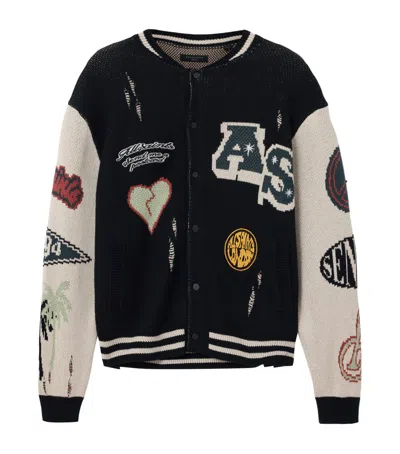 Allsaints Chase Intarsia-knit Distressed Cardigan In Black