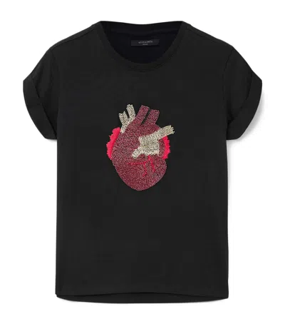 Allsaints Andrea Anna Embellished Beaded Heart T-shirt In Black