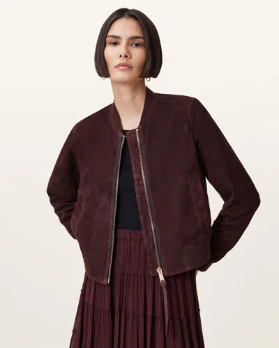 Allsaints Orten Suede Bomber Jacket In Oxblood Red