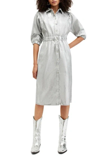 Allsaints Osa Metallic Coated Denim Midi Dress In Metallic Silve
