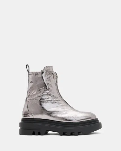Allsaints Othello Zip Leather Boots In Gunmetal Grey