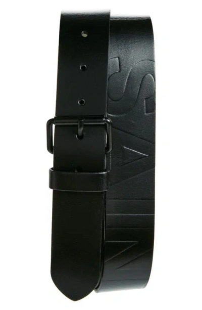 Allsaints Oversize Embossed Logo Leather Belt In Black / Matte Black