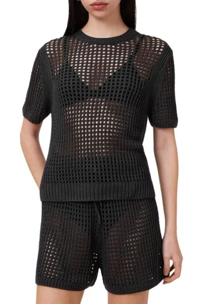 Allsaints Paloma Open Stitch Short Sleeve Sweater In Charcoal Grey