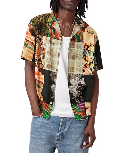 Allsaints Patche Printed Relaxed Fit Camp Shirt In Cadet Black