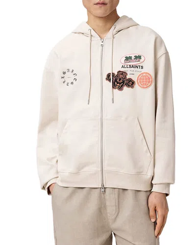 Allsaints Patcher Graphic Cotton Zip Front Hoodie In Neutral