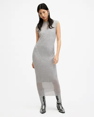 Allsaints Patrice 2-in-1 Ribbed Midi Dress In Silver