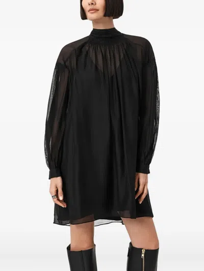 Allsaints Pearl Tie-neck Long-sleeve Mini Dress In Black
