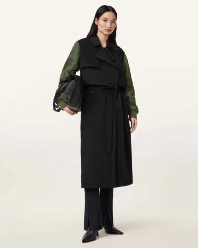 Allsaints Penni 2-in-1 Trench Bomber Jacket In Khaki Green/black
