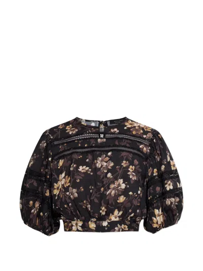 Allsaints Peony Floral-print Lace-trim Top In Black