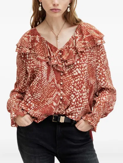 Allsaints Phoebe Ruffle-detail Snake-print Top In Brown