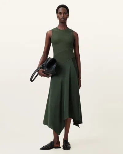 Allsaints Pia Asymmetric Satin Dress In Rifle Green