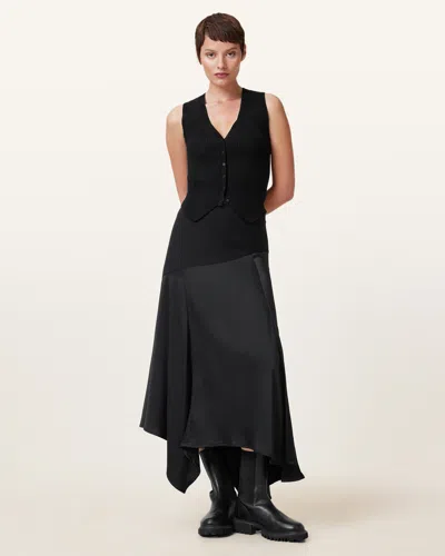 Allsaints Pia Satin Asymmetric Maxi Skirt In Black