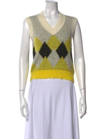 Pre-owned Allsaints Plaid Print V-neck Sweater In Yellow