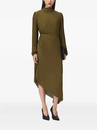 Allsaints Milena Pleated Long Sleeve Asymmetric Dress In Green