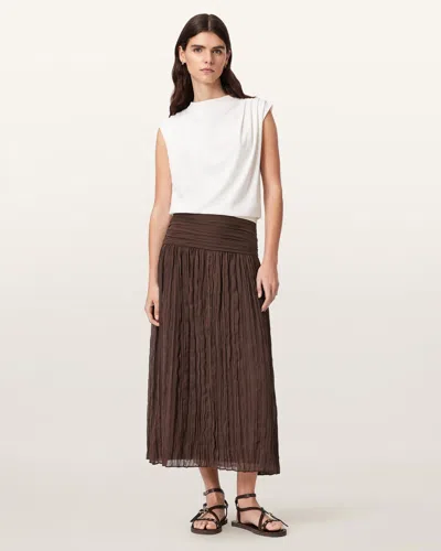 Allsaints Polyester Asal Asymmetric Ruched Maxi Skirt In Brown