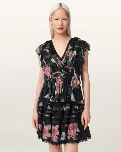 Allsaints Polyester Canto Printed Ruffle Tiered Top In Black