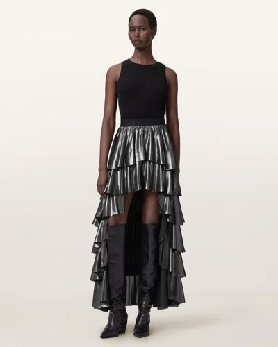 Allsaints Polyester Cavarly Metallic Maxi Skirt In Black
