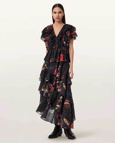 Allsaints Polyester Caya Floral Maxi Skirt In Black