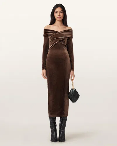 Allsaints Polyester Delta Velvet Midi Dress In Brown