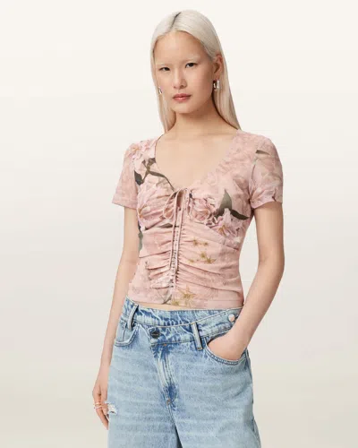 Allsaints Polyester Gabby Slim Fit Floral Mesh Top In Brown