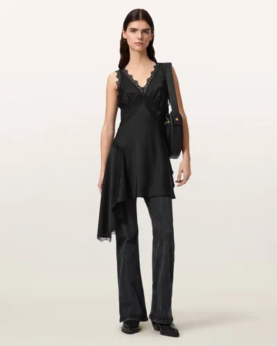 Allsaints Polyester Ilka Asymmetric Lace Mini Dress In Black