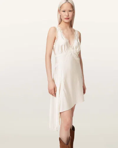 Allsaints Polyester Ilka Asymmetric Lace Mini Dress In White