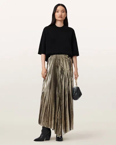 Allsaints Jax Pleated Midi Skirt In Gold